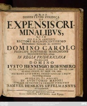 Dissertatio Ivridica De Expensis Criminalibvs