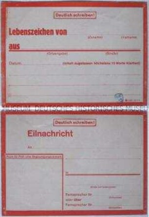 Vordruck für eine "Eilnachricht" zur Suche nach Vermissten bzw. Angehörigen (blanko)