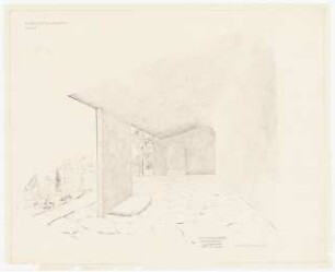 Friedhof Gesundbrunnen, Hofgeismar: Perspektivische Ansicht: Friedhofseingang und Friedhofshalle; erster Bauabschnitt