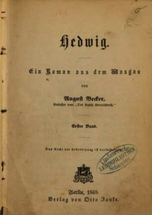 Hedwig : ein Roman aus dem Wasgau, 1