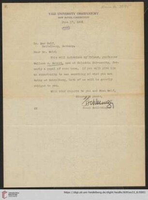 Briefe von Frank Schlesinger an Max Wolf: Brief von Frank Schlesinger von Yale University. Observatory an Max Wolf