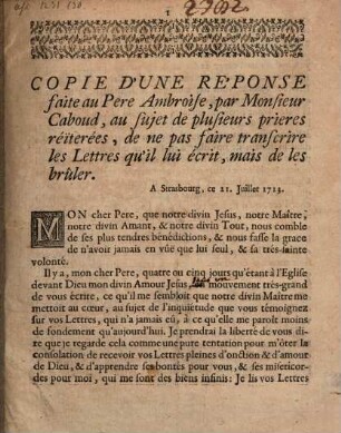 Copie d'une Réponse faite au Pere Ambroise