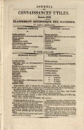 Journal des connaissances utiles : répertoire mensuel et progressif de tous les faits utiles, économiques et nouveaux. 1833