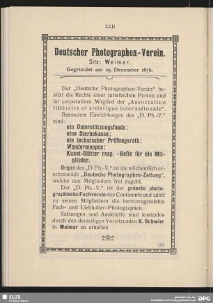 Werbung: Deutscher Photographen-Verein. Sitz: Weimar
