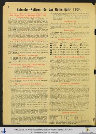 Kalender-Notizen für das Gemeinjahr 1934.