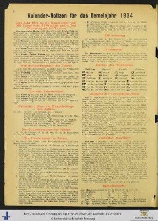 Kalender-Notizen für das Gemeinjahr 1934.