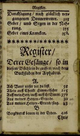 Register/ Derer Gesänge/ so in diesem Büchlein begriffen/ nach dem Buchstaben des Alphabets.