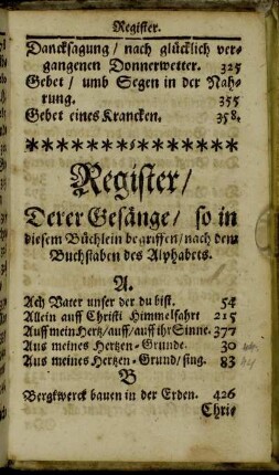 Register/ Derer Gesänge/ so in diesem Büchlein begriffen/ nach dem Buchstaben des Alphabets.