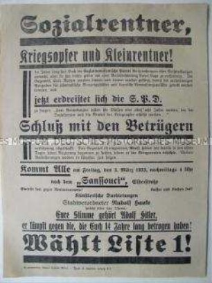 Sozialrentner, Kriegsopfer und Kleinrentner! Schluss mit den Betrügern - Wahlflugblatt der NSDAP zu den Reichstagswahlen 1933