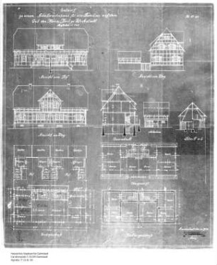 Ansicht, Grundriss, Aufriss und Schnitte für ein Arbeiterwohnhaus für vier Familien auf dem Gut des Herrn Heil zu Wickstadt