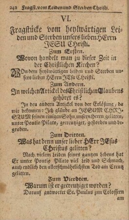 VI. Fragstücke, vom heylwärtigen Leiden und Sterben unsers lieben Herrn Jesu Christi