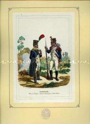 Uniformdarstellung, Offizier des Voltigeur-Regiments und Gardist der Nationalgarde, Frankreich, 1804. Aus: Bellangé: Die Soldaten der französischen Republik und des Kaiserreichs.