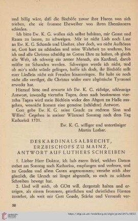 Des Kardinals Albrecht, Erzbischofs zu Mainz, Antwort auf Luthers Schreiben