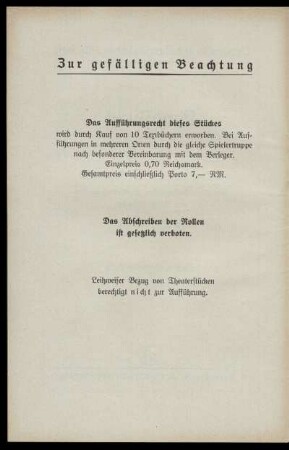 Das Aufführungsrecht dieses Stückes