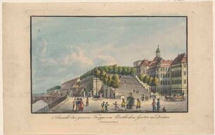 Dresden, die Treppe zur Brühlschen Terrasse vom Schlossplatz nach Osten, rechts das Fürstenbergische Haus (Finanzhaus) und das Palais Brühl (um 1900 für Ständehaus abgerissen)