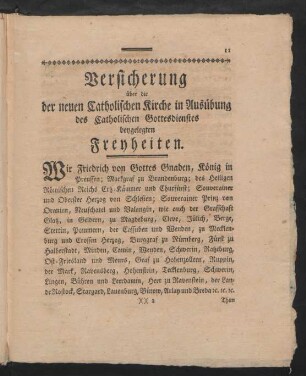 Versicherung über die der neuen Catholischen Kirche in Ausübung des Catholischen Gottesdienstes beygelegten Freyheiten.