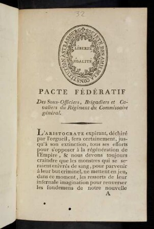 Pacte Fédératif Des Sous-Officier, Brigadiers, et Cavaliers du Régiment du Commissaire général