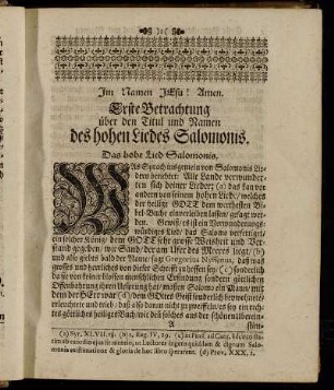 Erste Betrachtung über den Titul und Namen des hohen Liedes Salomonis