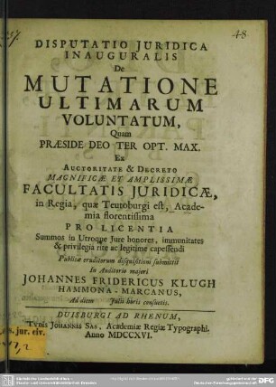 Disputatio Iuridica Inauguralis De Mutatione Ultimarum Voluntatum