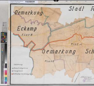 Gemarkung Eckamp, Flur 8. Gemarkung Schwarzbach Flur 1. (12) 11. - Zur Grenzbeschreibung 7. Gehört zum Eingemeindungsantrag der Stadt Ratingen vom 17-9- [19]25 bzw. 30.7.[19]29. - Übereinstimmung mit der Katasterkarte bescheinigt Preuß. Katasteramt Ratingen. 17.2.1930