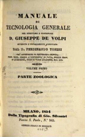 Manuale di tecnologia generale, 1. Parte zoologica