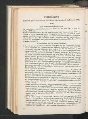 Mitteilungen über die Immatrikulation, die An- u. Abmeldung, Gebührenerlaß usw.