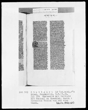 Lateinische Taschenbibel — Initiale E (t factum), darin Ezechiels Vision von den vier Wesen, Folio 309recto