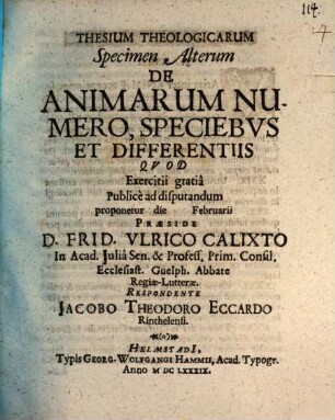 De creatione, potissimum animae rationalis atque huic doctrinae annexis dogmatibus exercitiorum academicorum specimina septem, Specimen 2. De animarum numero, speciebus et differentiis