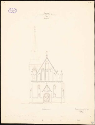 Evangelische Kirche, Modlau Wiederaufbau. 1. Projekt: Aufriss Eingangsseite 1:60, Maßstabsleisten (Meter, Fuß)