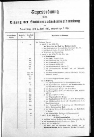 Anlage: Tagesordnung für die Sitzung, 2. Juni 1917