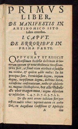 Primus Liber. De Manifestis In Antinomico Isto Libro erroribus.