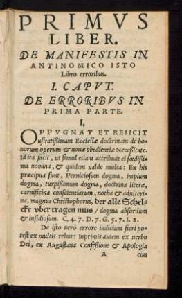 Primus Liber. De Manifestis In Antinomico Isto Libro erroribus.