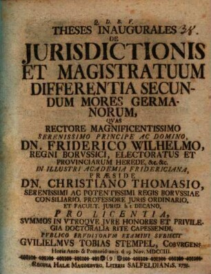 Theses inaugurales de iurisdictionis et magistratuum differentia secundum mores Germanorum
