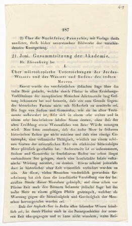 Über mikrosokopische Untersuchungen des Jordan-Wassers und des Wassers und Bodens des todten Meeres.