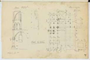 Eglise, Nesles / Saint-Laurent, Beaumont-sur-Oise: Schnitt, Detail Nesles, Grundriss Beaumont (aus: Skizzen- und Fotoalbum 10)