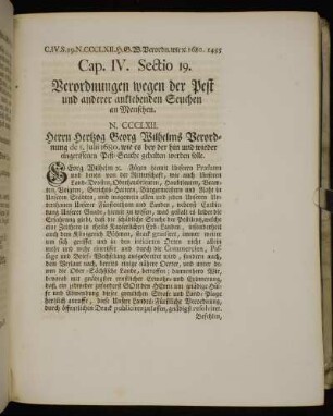 Cap. IV. Sectio 19. Verordnungen wegen der Pest und anderer anklebenden Seuchen an Menschen.