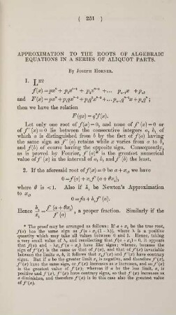 Approximation to the roots of algebraic equations in a series of aliquout parts.
