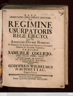 Dissertatio Juris Publici Gentium, De Regimine Usurpatoris Rege Ejecto