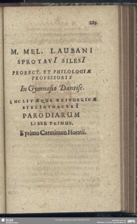... Parodiarum Liber Primus. E primo Carminum Horatii