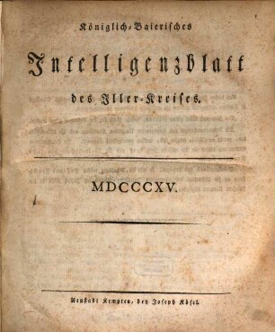 Königlich Baierisches Intelligenz-Blatt des Iller-Kreises. 1815,Jan./Sept.
