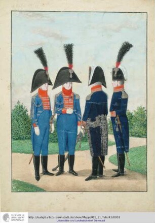Abbildung Des Gros[s]herzoglich Hessischen Militair. [Tafel 43: Adjutanten und Generale; Links ein Adjutant der Infanterie, neben ihm der Adjutant der Kavallerie, gefolgt von einem General in großer und kleiner Montur]. S.l.e.a. [ca. 1813/14]