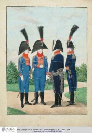Abbildung Des Gros[s]herzoglich Hessischen Militair. [Tafel 43: Adjutanten und Generale; Links ein Adjutant der Infanterie, neben ihm der Adjutant der Kavallerie, gefolgt von einem General in großer und kleiner Montur]. S.l.e.a. [ca. 1813/14]