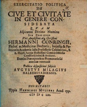 Exercitatio Politica De Cive Et Civitate In Genere Considerata