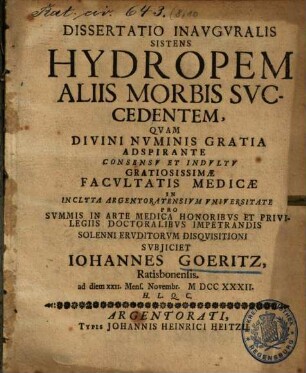 Dissertatio sistens hydropem, aliis morbis succedentem
