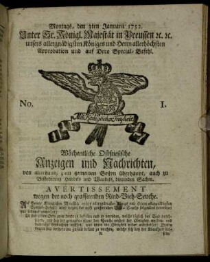 No. 1. Montags, den 3ten Januarii 1752.