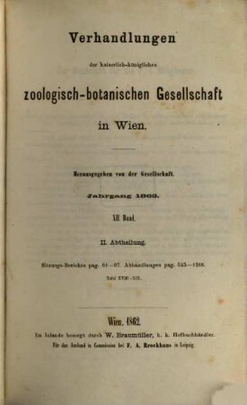 Verhandlungen der Zoologisch-Botanischen Gesellschaft in Wien. 12. 1862