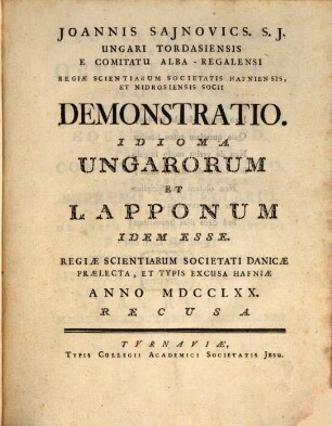 Demonstratio, idioma Ungarorum et Lapponum idem esse
