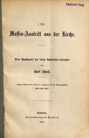 Der Massen-Austritt aus der Kirche : Vom Standpunkt der freien Gemeinden betrachtet von Carl Scholl