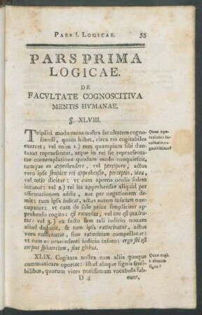 Pars Prima Logicae. De Facultate Cognoscitiva Mentis Humanae