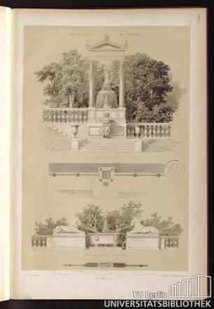 Fontainenbau in Sanssouci. Baldachinfontaine. Löwenbrunnen in Sanssouci.